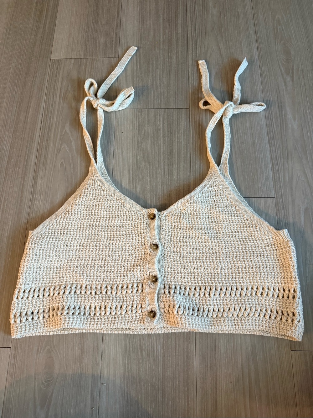 Zara Cream Crochet Tie-Shoulder Button-Front Crop Top
